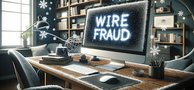 A home office featuring a frozen computer screen displaying wire fraud